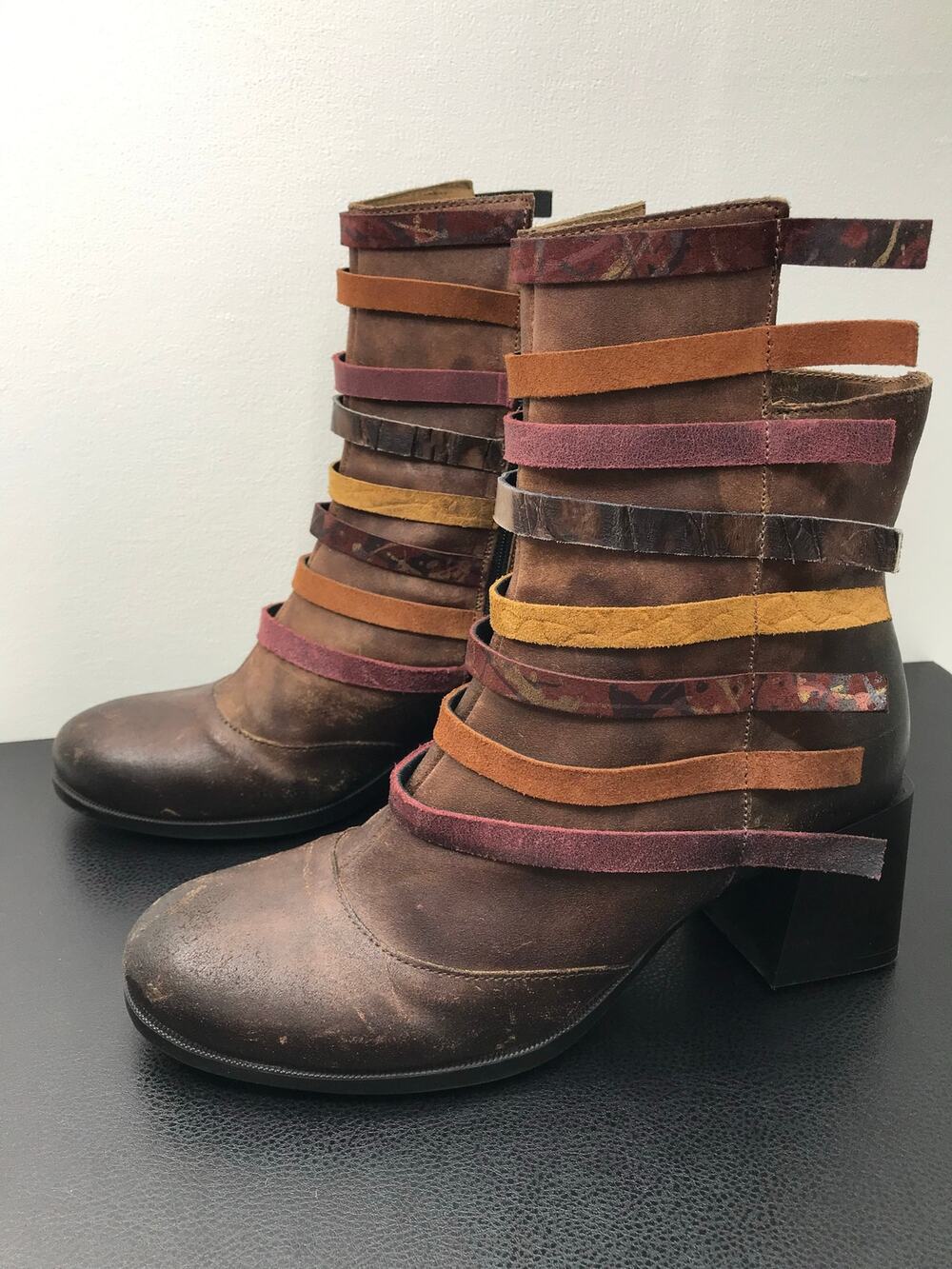 Papucei Stealth Squadron Mara Strappy Patchwork Suede Leather Boots Block Heel